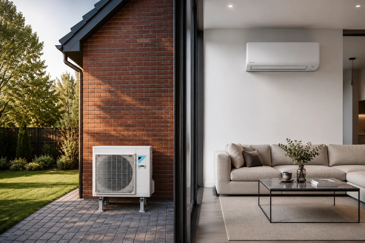 Daikin oro kondicionierius – išorinis blokas lauke ir elegantiškas vidinis blokas svetainėje – Cold Wave service Vilniuje